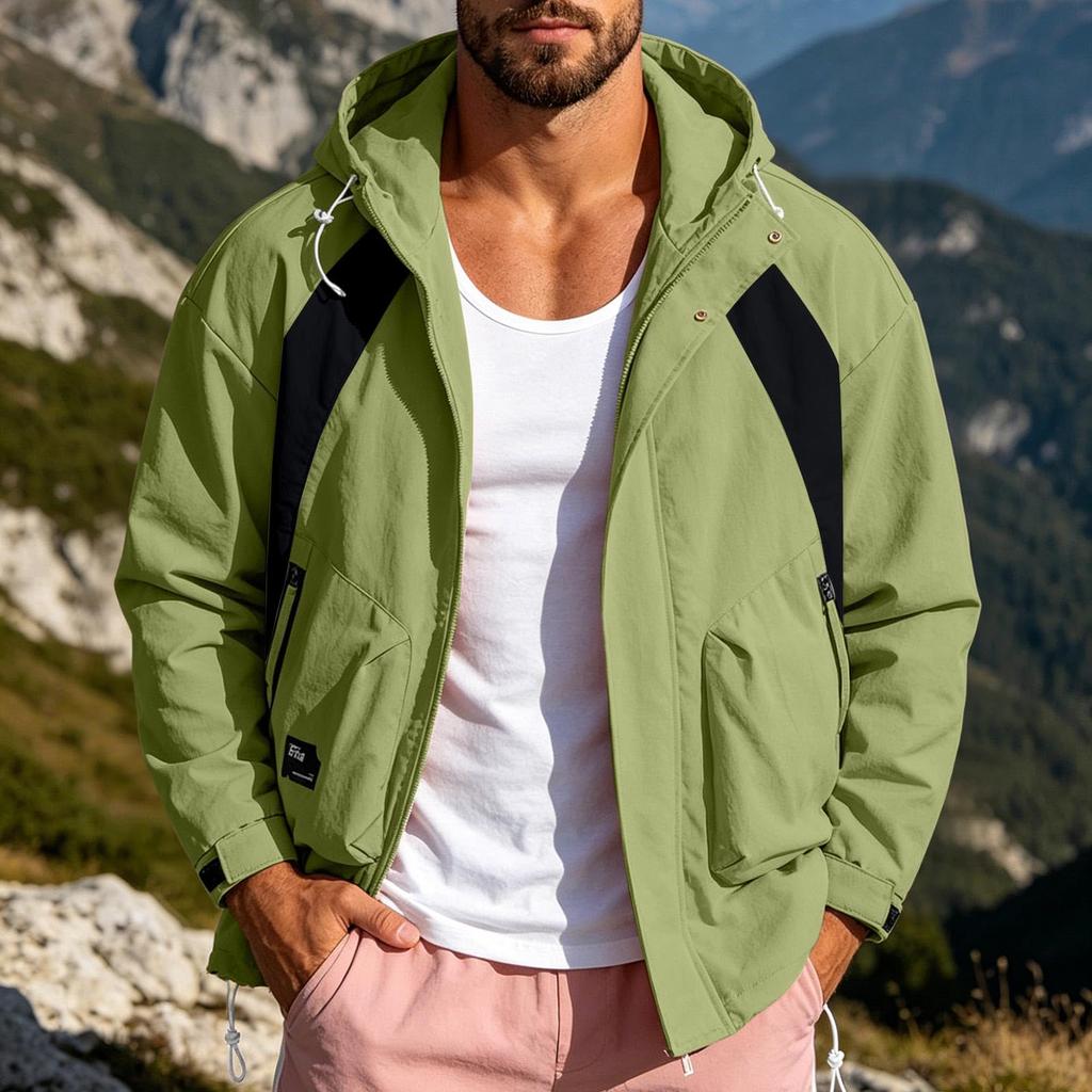 Men's Color-Block Windproof Outdoor Jacket with Removable Hood, for Hiking and