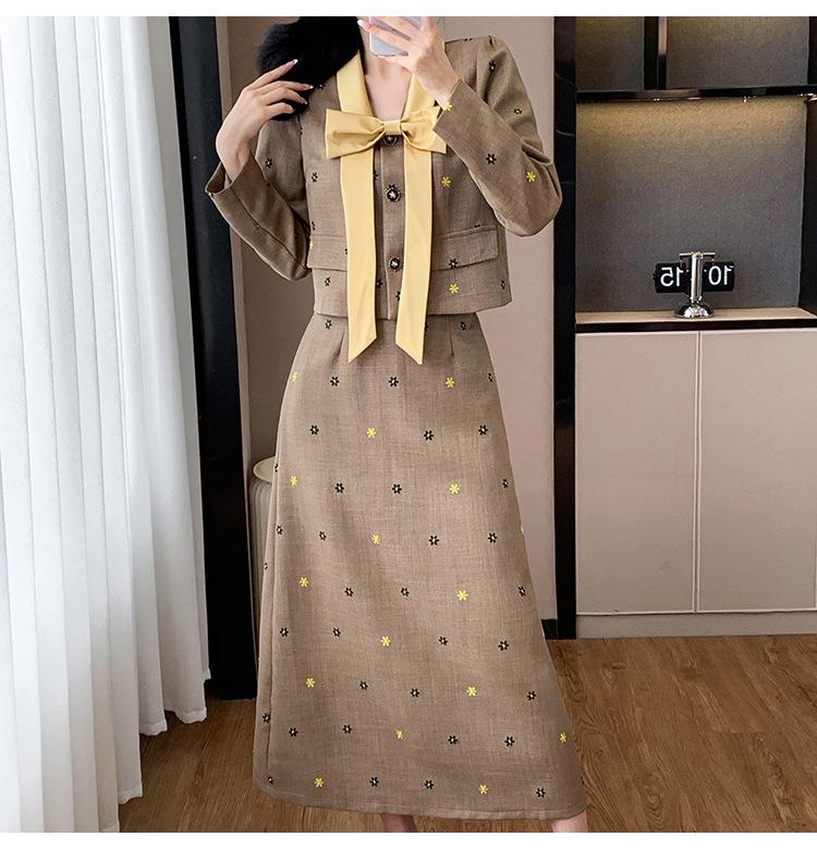 Autumn Chic Two-Piece Set: Elegant Bow Long-Sleeve Top and Midi Skirt