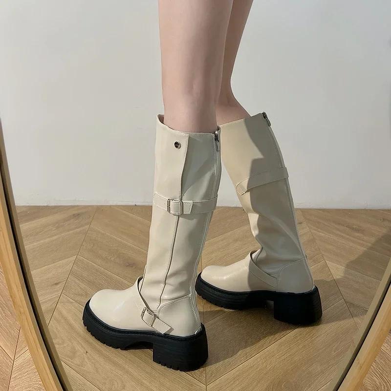 Mode Femmes Bottes Moto Hautes au Genou Plateforme Talons Moyens Chaussures 2024 Mode Hiver Nouvelles Bottes Gothiques Tendance Robe Mujer Zapatos