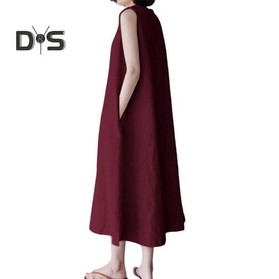 Women Summer Dress O Neck Loose A-line Sleeveless Solid Color Mid-calf Length Soft Breathable Casual Pockets Plus Size Lady Midi Dress