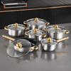 Stainless Steel Blue Pot Set, Gold Handle Six-piece Set, Soup Pan, Milk Pan, Frying Pan, Wok, Cookware