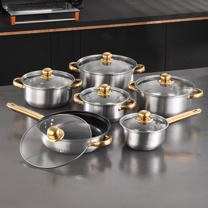 Stainless Steel Blue Pot Set, Gold Handle Six-piece Set, Soup Pan, Milk Pan, Frying Pan, Wok, Cookware