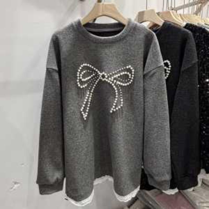 Lace Edge Round Neck Bow Beaded Brushed Women's Top with Inner Layer for Winter New Style