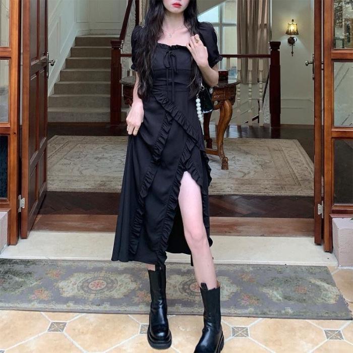 Summer 2024 French Lace Square Collar Slim Fit Slit Dress