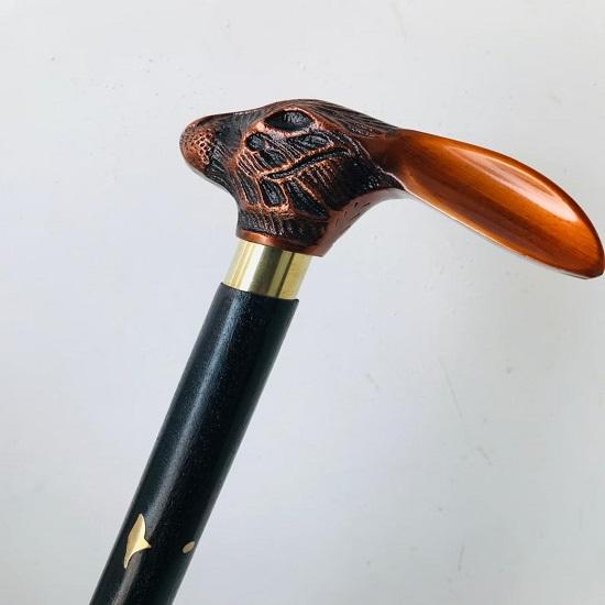 Rebit Head Walking Stick Brass Handle Black Wooden Cane