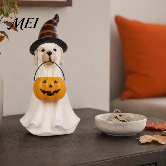 Spooky Puppy Desk Decor Halloween Ghost Dog Figurine, Wizard Hat Pumpkin Resin Statue, Cute Tabletop Display Accents for Entryway Bar Window