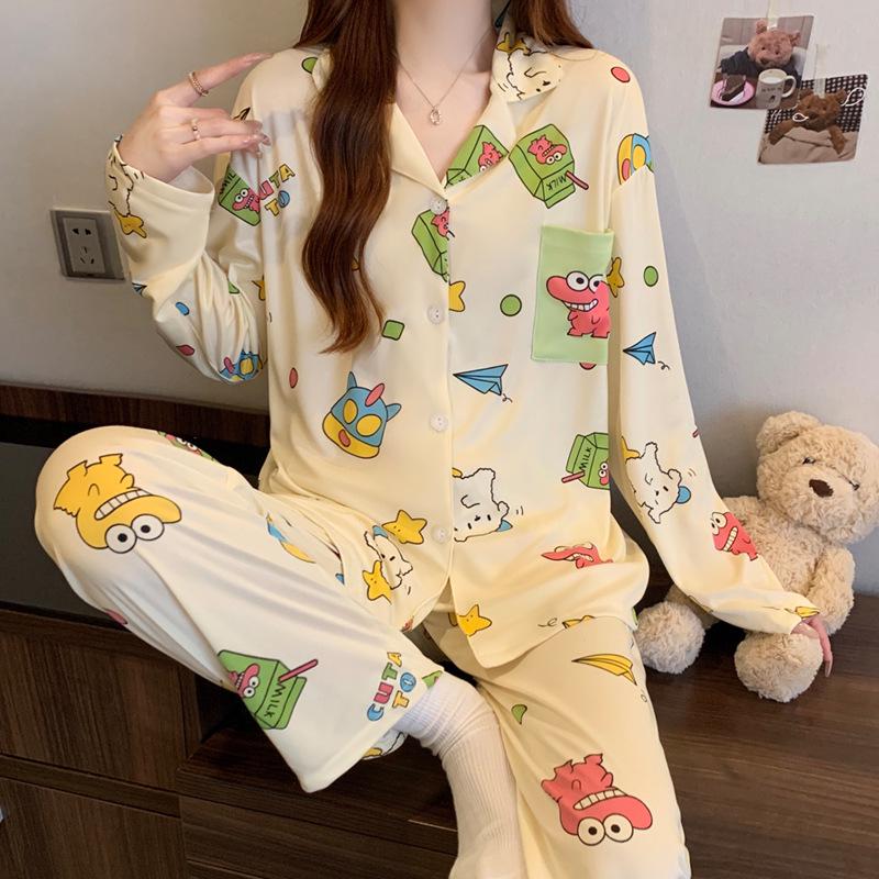 Women's Striped Long-Sleeve Cardigan Pajama Set - Korean Style