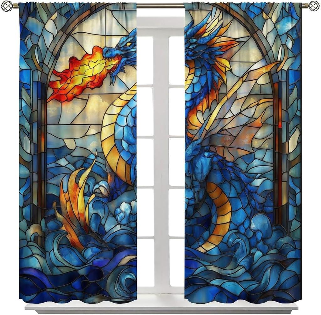 Blue Dragon Curtains  Vintage Mythological Medieval Stained Glass Mural Flame Magic Flying Dragon Windows Treatments Rod Pocket f