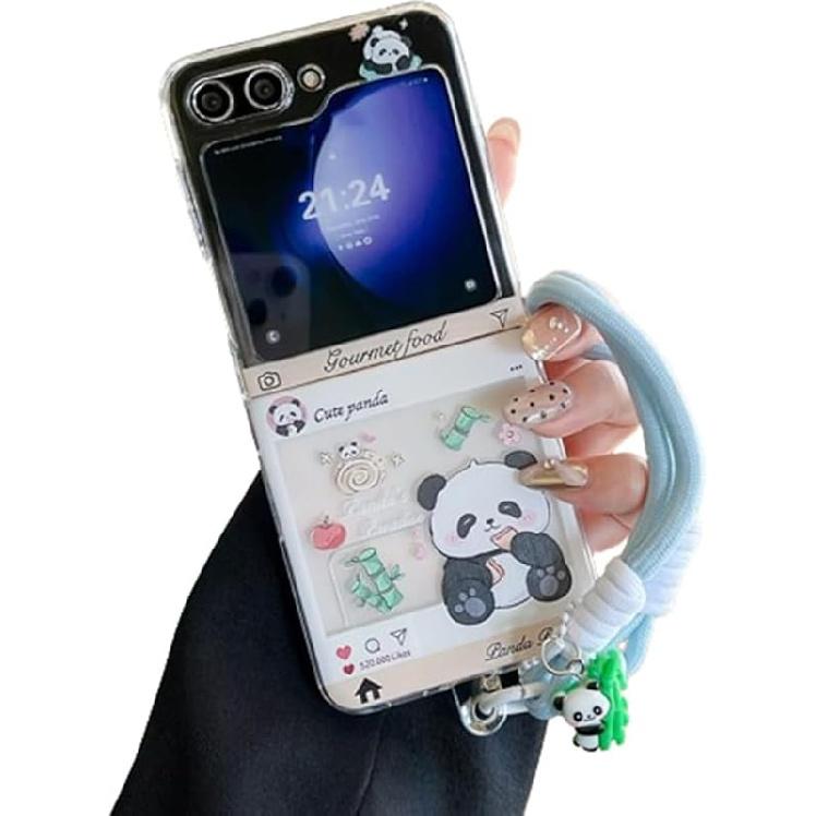 

Чехол для Samsung Galaxy Z Flip 6, Милый мультяшный принт панды, Забавный кавайный дизайн, Чехол для телефона Galaxy Z Flip 6 с ремешком на запястье для девочек и мальчиков (Задняя часть Panda