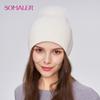 SOMALER Women Winter Fur Pom Pom Hat Wool Knit Beanie Hat With Rhinestone Warm Double Layer Luxury Fur Bobble Outdoor Cap