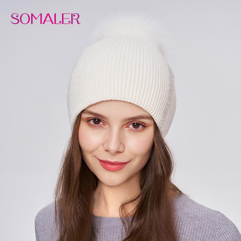 SOMALER Women Winter Fur Pom Pom Hat Wool Knit Beanie Hat With Rhinestone Warm Double Layer Luxury Fur Bobble Outdoor Cap