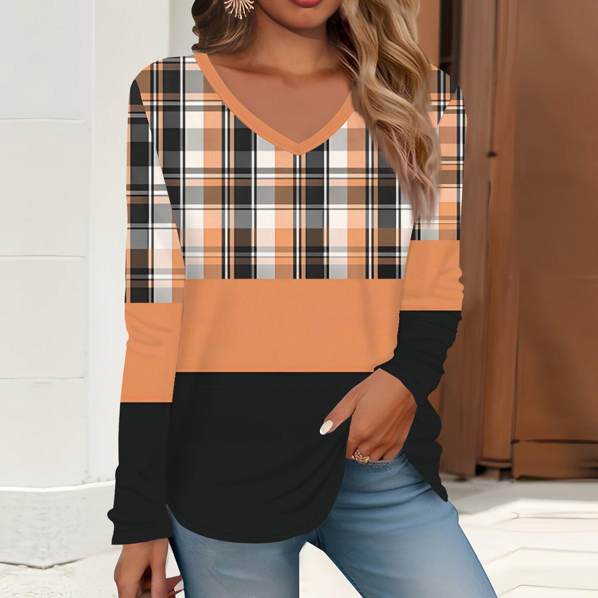 

2023 весна и осень новая мода с длинным рукавом повседневная футболка с v-образным вырезом и принтом