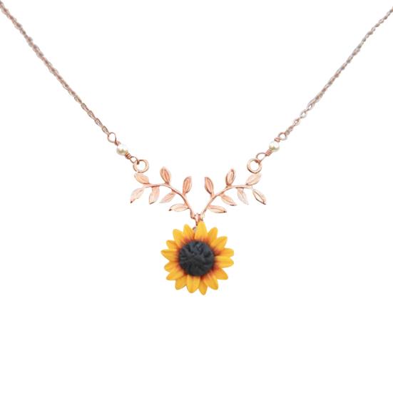 Women Faux Pearl Sunflower Leaf Branch Twig Pendant Necklace Jewelry