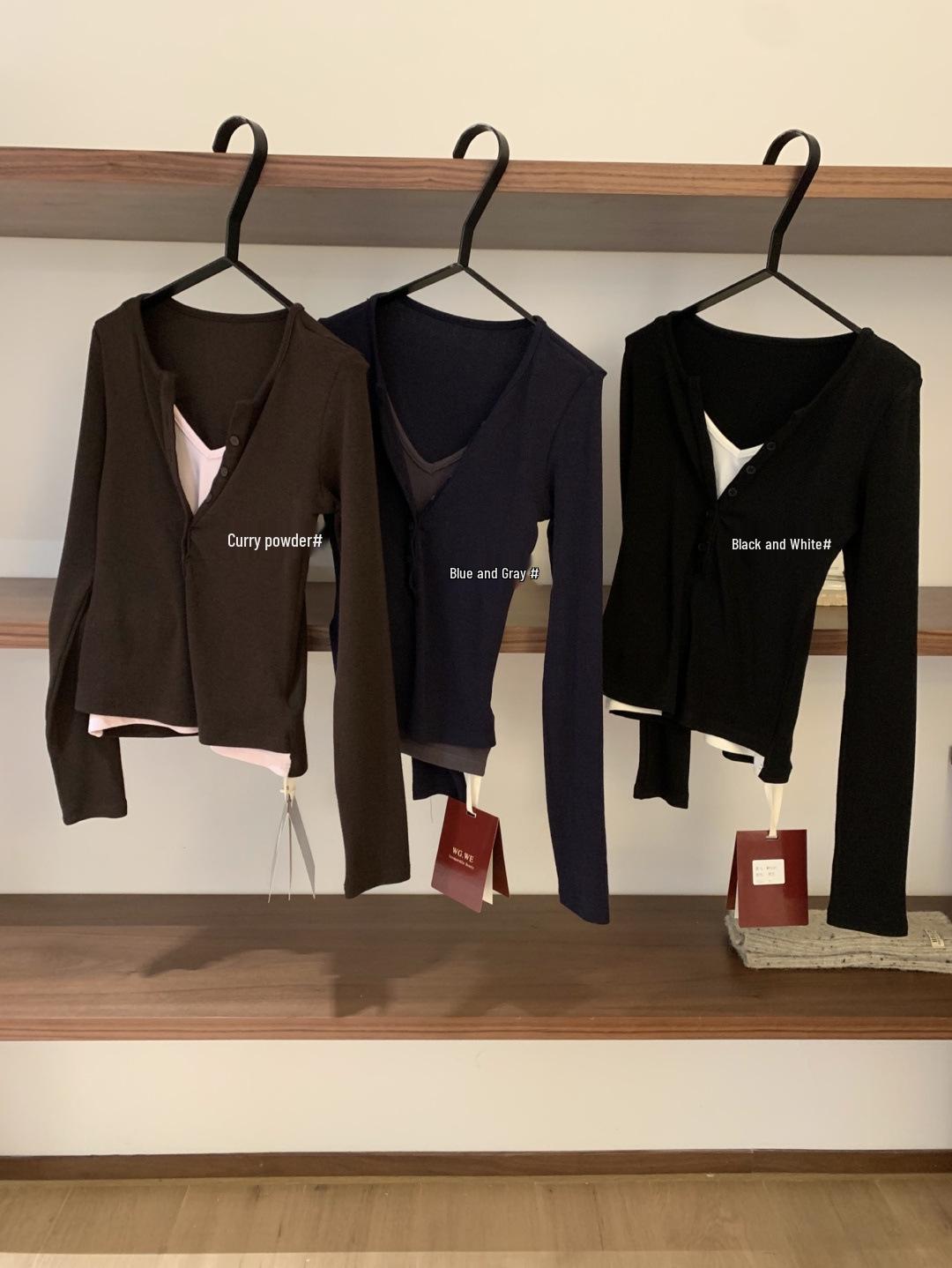 

Autumn/Winter Women s V-Neck Long-Sleeve Color Block Patchwork Two-Piece-Style Top Small сірий колір/синій