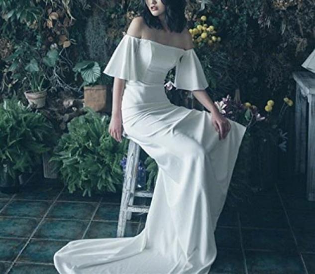 Biała Długa Suknia Ślubna z Rozkloszowanym Dołem Idealna na Śluby i Śluby Zagraniczne [Fiveen] Rękawy Opadające na Ramiona, Śluby, Zdjęcia Przedślubne, (Rozmiar M)