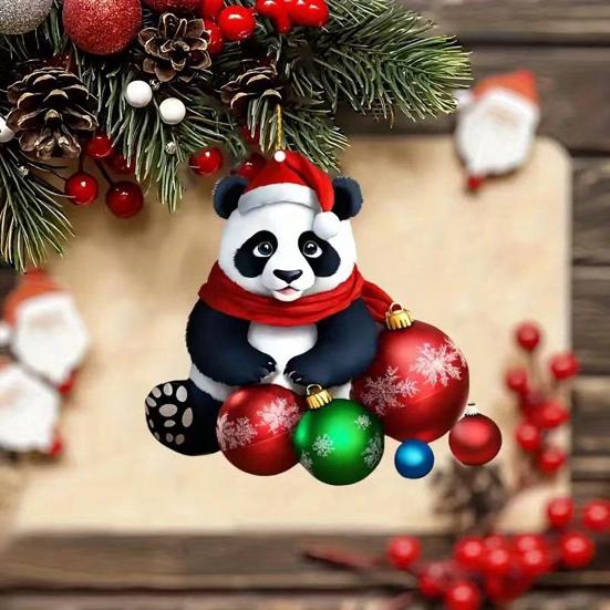 Panda Christmas Ornament 2D Acrylic Cartoon Panda Christmas Tree Hanging Ornament Cute Car Interior Accessories for Car Rear View Mirror Xmas