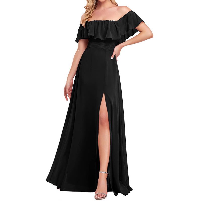 

Элегантное вечернее платье из шифона на одно плечо с короткими рукавами и разрезом