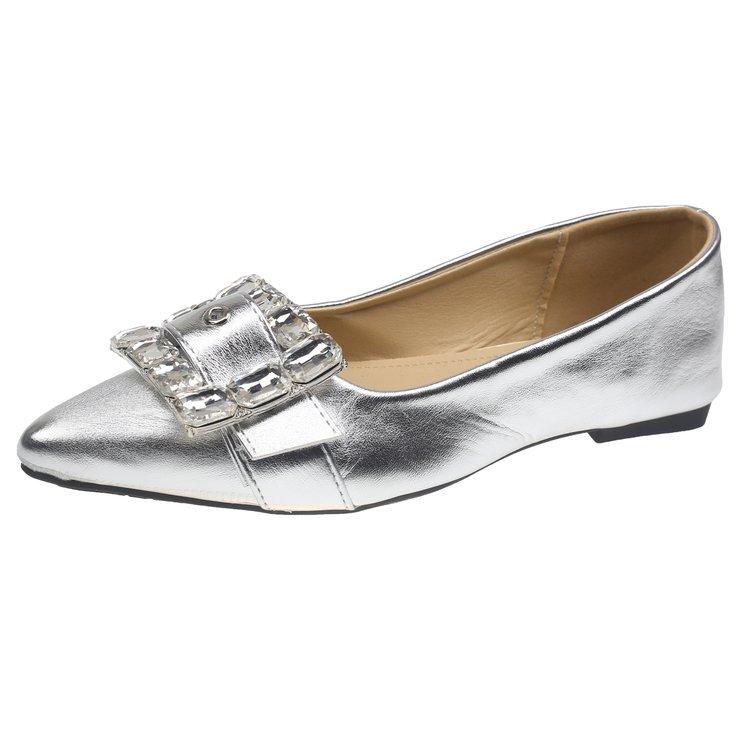 2025 European and American new fashion versatile square buckle rhinestone light mouth pointed head silver sandals bag head flat sole shoes women