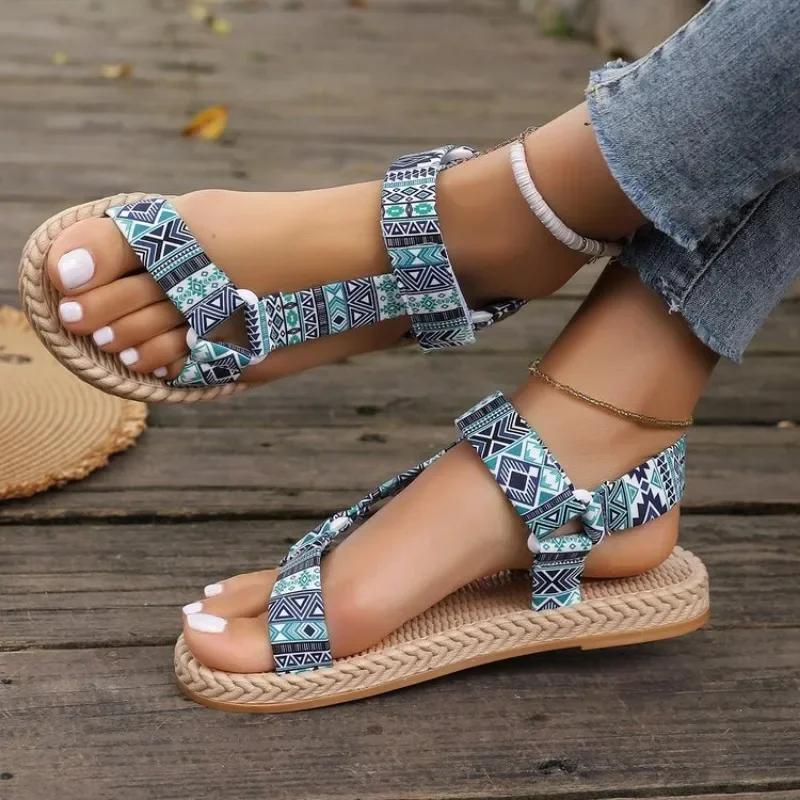 Sandalias Mujer Verano 2024 New Thin Sole Beach Shoes Comfort Wear Ethnic Style Footwear Women Casual Fish Mouth Flat Sandals