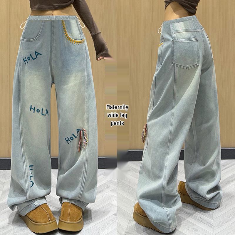 2025 New Embroidered Maternity Loose Wide-Leg Denim Pants XL