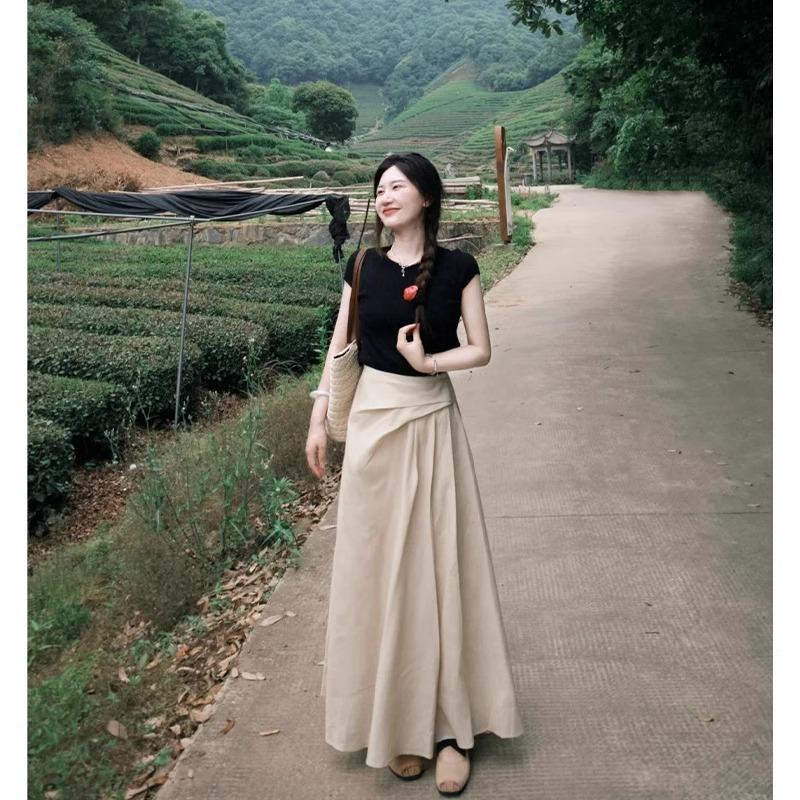 High waist temperament navy blue skirt women s new summer a-word long skirt to ankle super long hip cover S