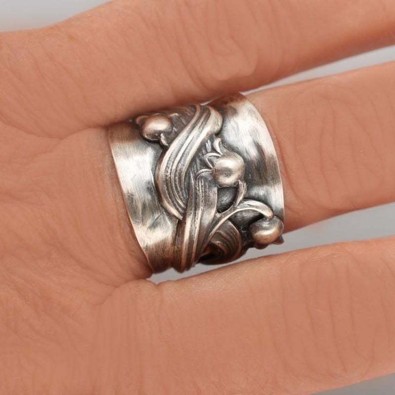Huajie Antiksilber Farbe Blume Verpackung Damen Retro Breite Ringe Klassisch Party Damen Trend