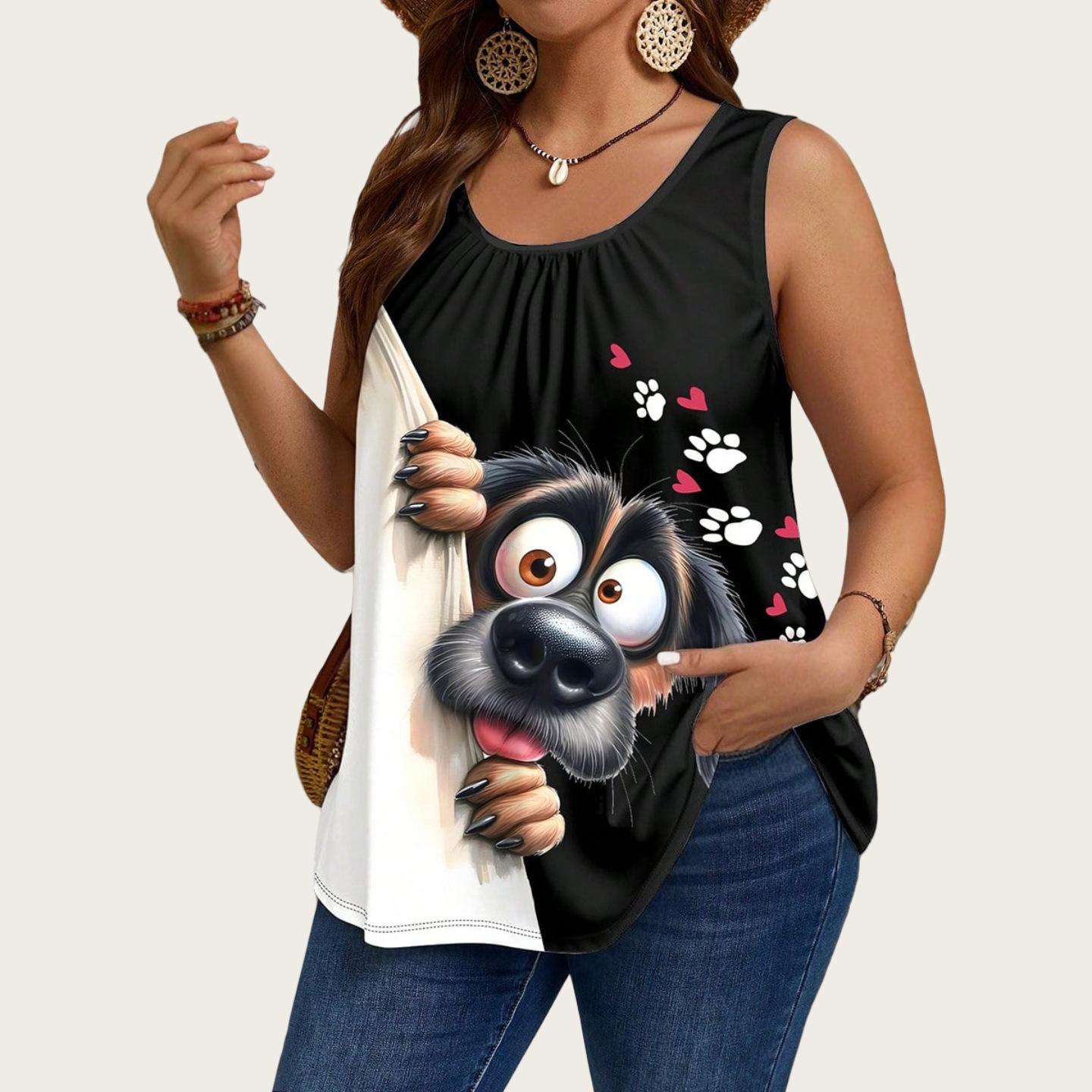 Большой размер Женский летний 3D-принт Собака Цветные блоки Мультиколор Свободный жилет Модный Удобный Дышащий Летний женский жилет без рукавов S