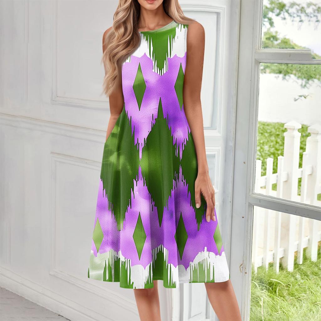 Women's Fashionable Round Neck Sleeveless Printed Casual Pullover Mid Length Dress