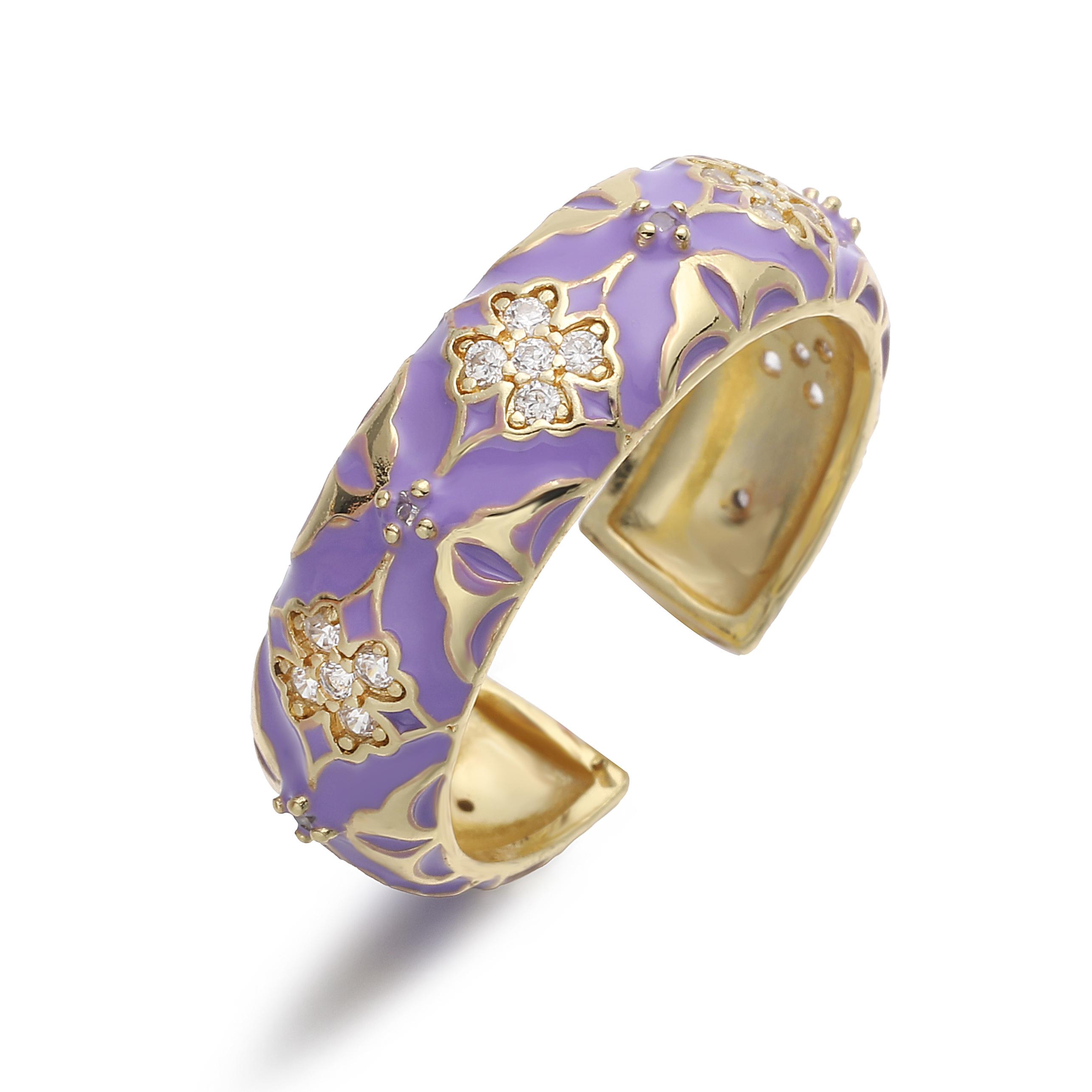 

HECHENG,Enamel Dripping Glaze Four-Leaf Clover Floral Ring with Cubic Zirconia for Women Sweet and Romantic Zircon Gift resizable фіолетовий
