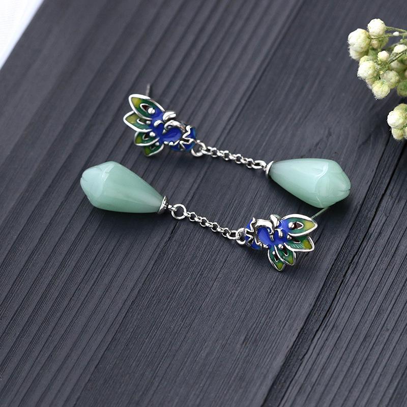 Airyuan Vintage Chinese-Style Peacock Enamel Earrings with Imitation Hetian Jade and Magnolia Flower Design