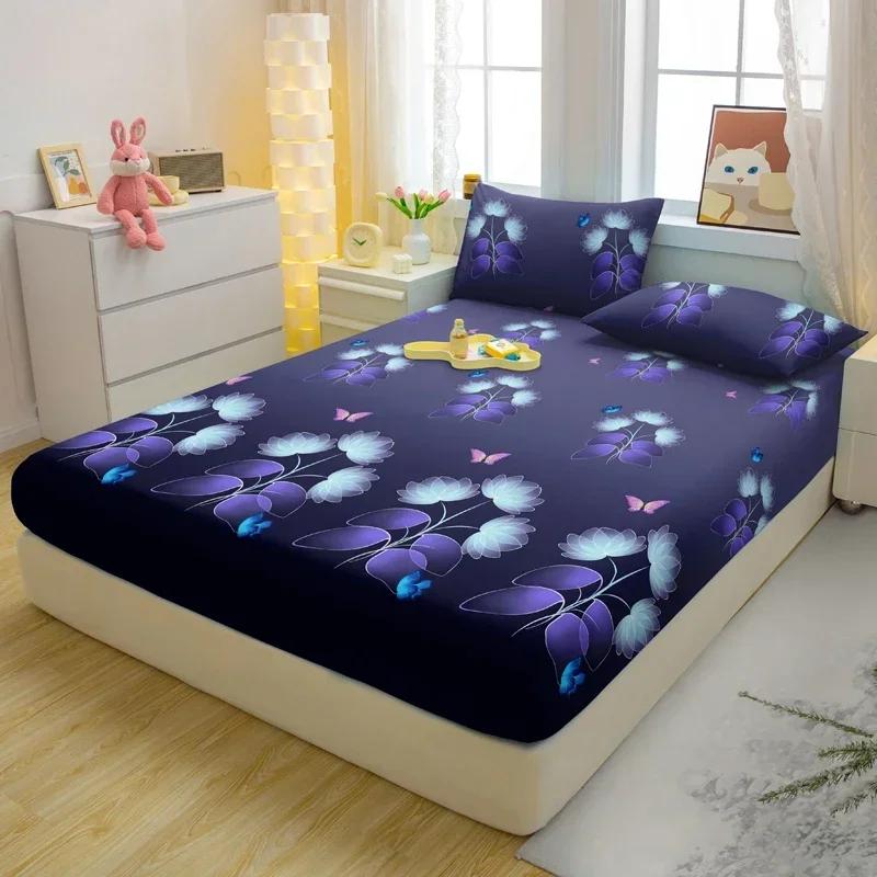 Simple 1 Modern Plant Flower Printed Matte Fitted Sheet, Bedroom Printed Bed Cover, Bedding Excluding Pillowcases