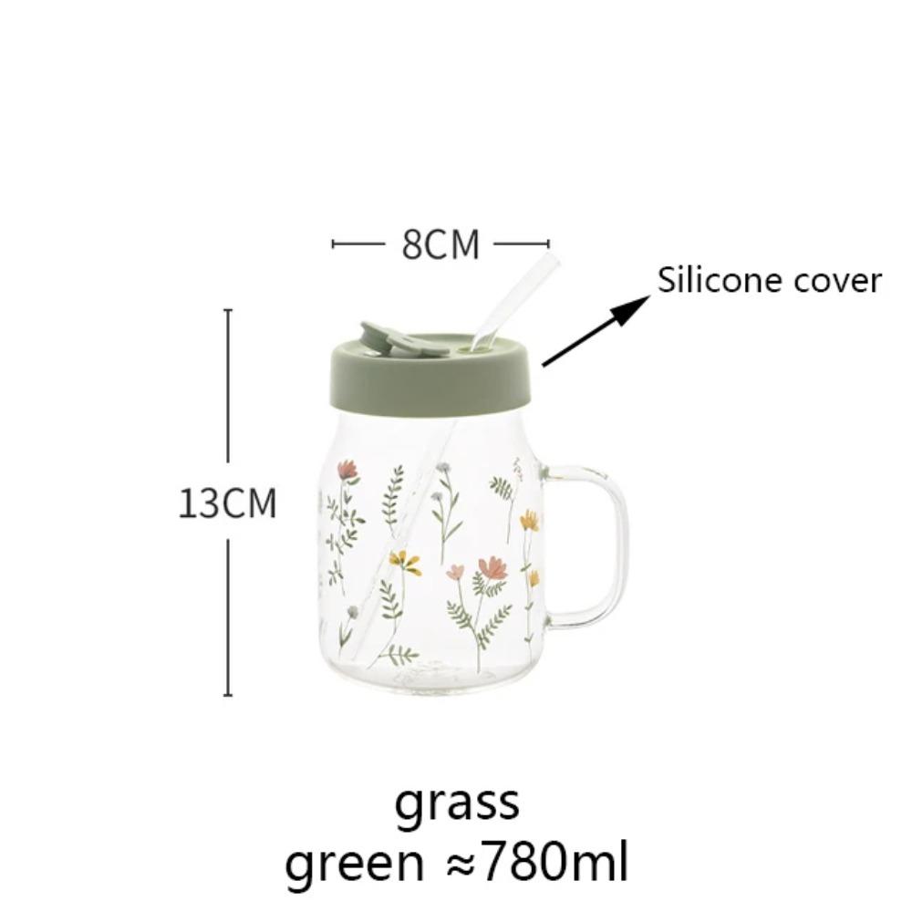 Tasse à motif d'herbe 600/780 ml avec paille et couvercle Gobelet en verre avec tasse graduée résistante à la chaleur pour café lait boisson