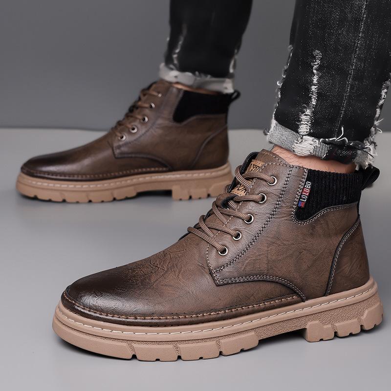 Leather shoes men's soft-soled casual cotton shoes fleece non-slip British leather boots 2024 new winter men's shoes
