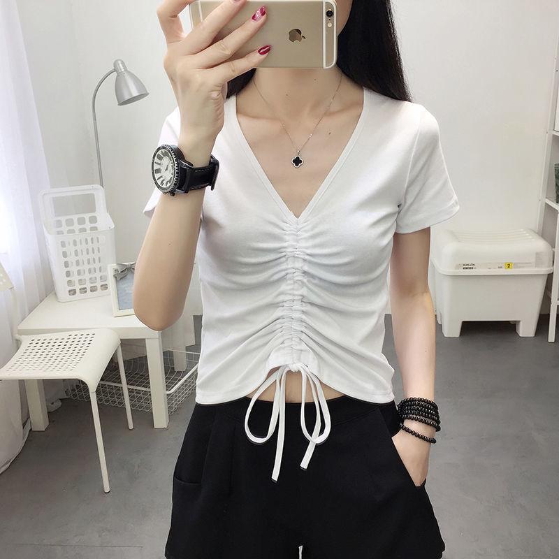 

Women s V-Neck Slim Fit Cotton Short-Sleeve Drawstring Top L for 111-120 lbs