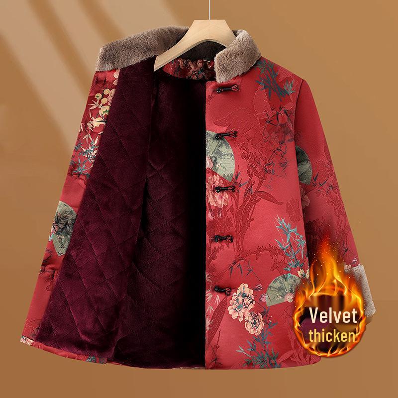 Stylish Velvet-Lined Winter Tang Suit Jacket for Elderly Women – Warm Cotton Cold-Protection Fashion