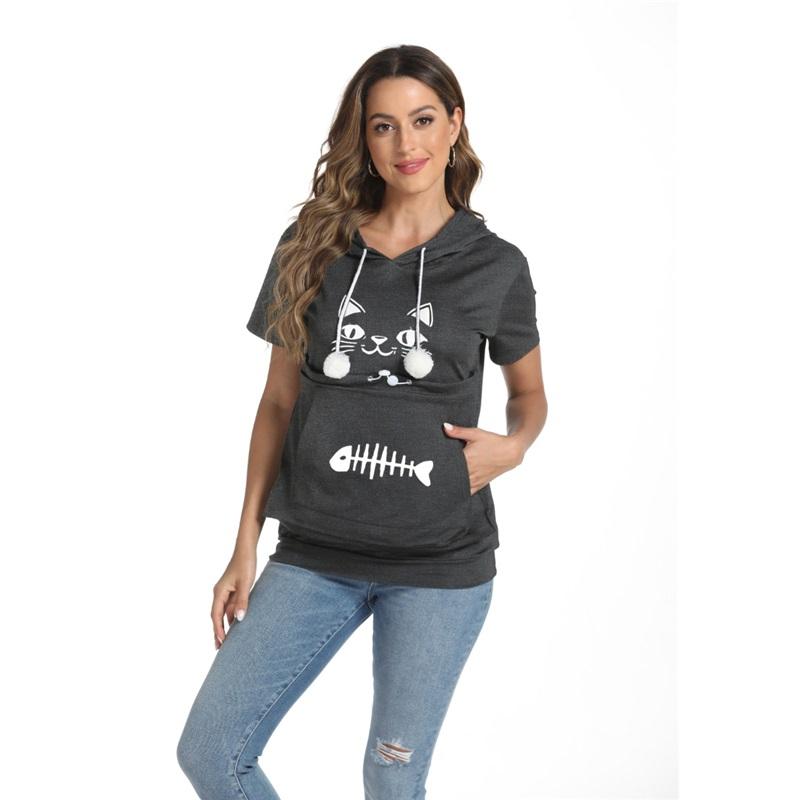 Women's summer cat face fish bone print loose large pocket short-sleeved hooded T-shirt