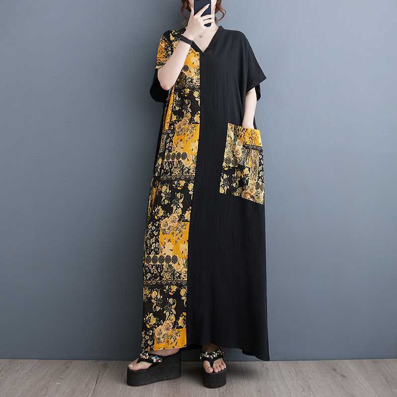 

Женские летние новые платья винтажной расцветки с колор-блокингом и большим карманом, с V-образным вырезом One Size