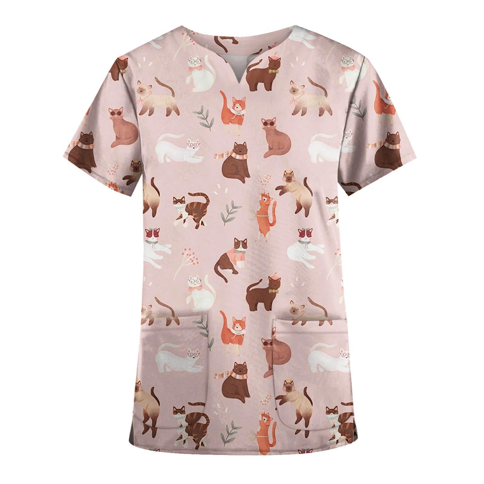 

Women s Short-sleeved V-neck Print Pocket Carer Top S рожевий