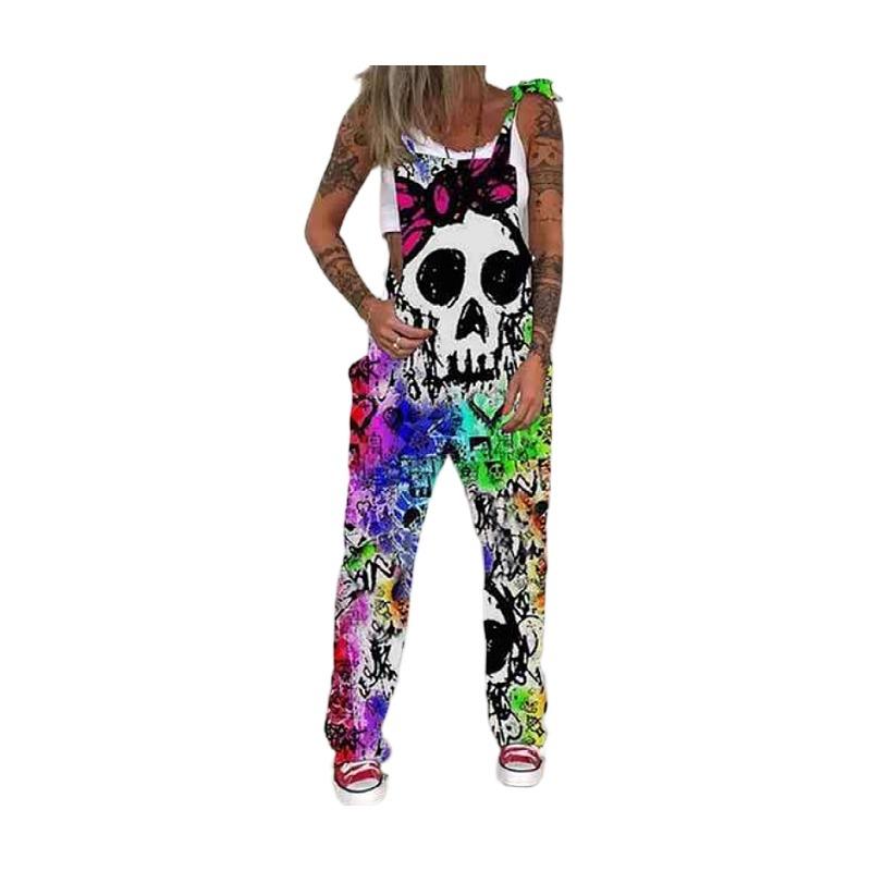 Mono Estampado Calavera Crisantemo Babero Pantalones Pantalones Largos