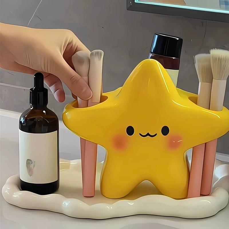 Star-Shaped Plastic Toothbrush Holder - Freestanding Bathroom Organizer with Cute Face Design, Durable Plastic Construction