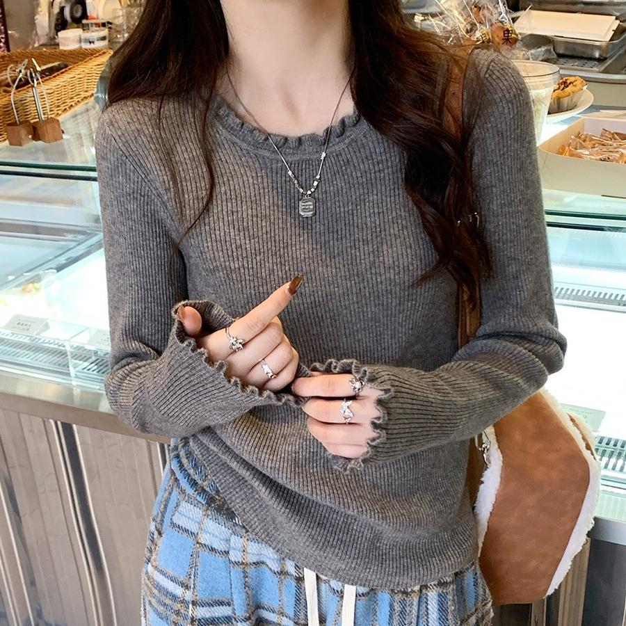 

autumn Knitted ruffles O-neck Long Sleeve Slim Jumper Tops Women Sweater Pullover solid Ladies Casual white Shirts Soft Sweaters One Size