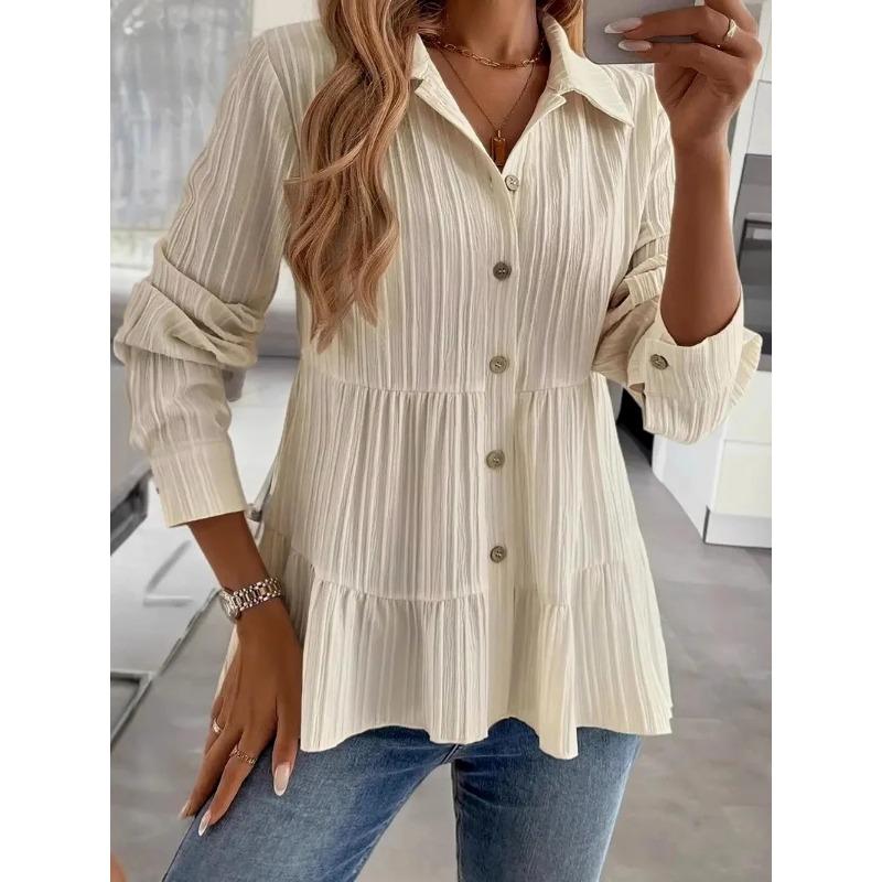 Women's Fashion Casual Spring Autumn Solid Color Print Long Sleeve POLO Neck Blouses & Shirts