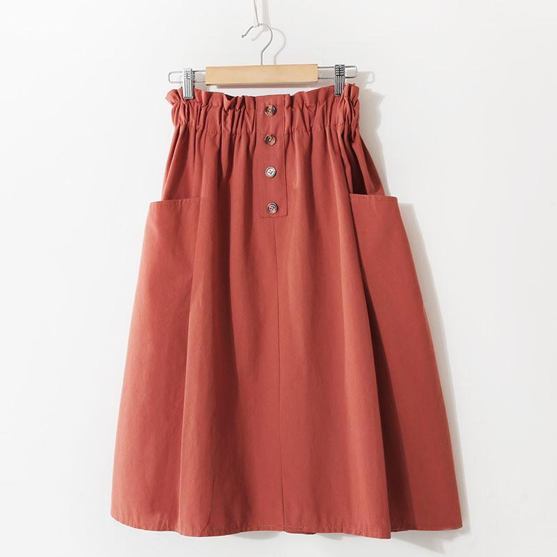 Woman Retro Vintage Solid High Waist A-Line Pockets Midi Skirt