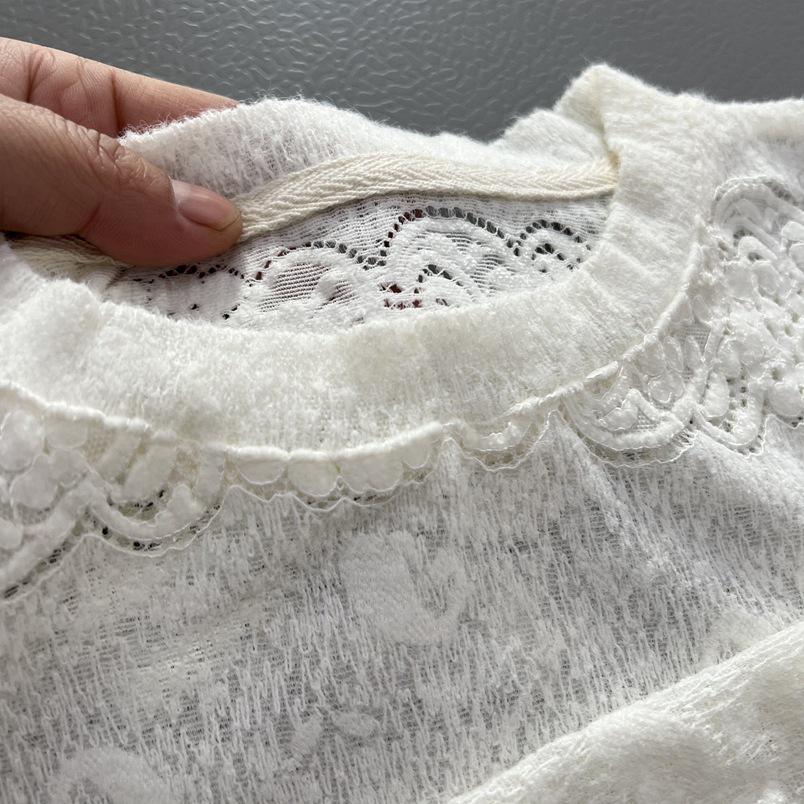 Off-white Lace Long Sleeve Women's Round Neck Crochet Loose Top