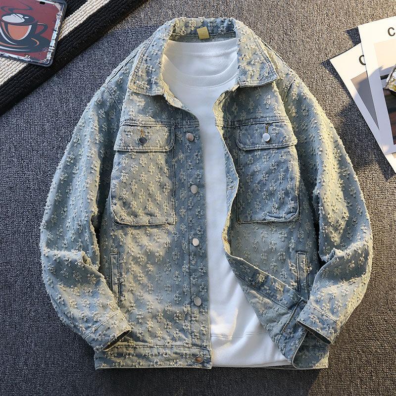 

2025 spring and autumn new trendy brand retro denim jacket men s washed small fragrant wind jacquard couple tooling jacket M 100-60kg wearable