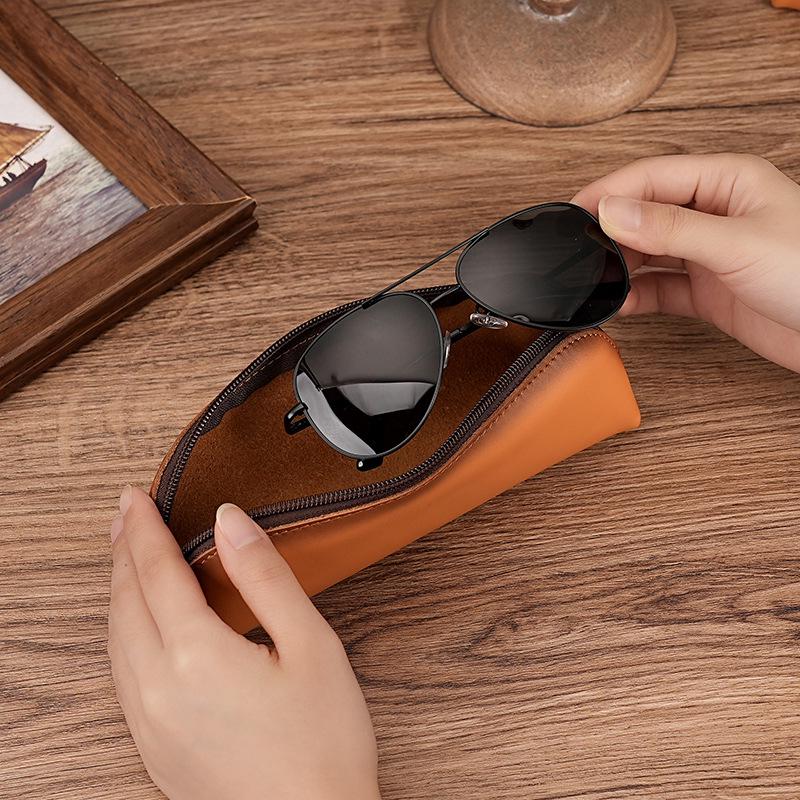 Genuine Leather Multifunctional Pencil Case Stationery Box with Zipper—Portable for Students, Holds 2B Pencils & Glasses