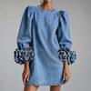 Women's Denim Puff Sleeve Dress with Rose Embellished Cuffs for Everyday Casual Wear