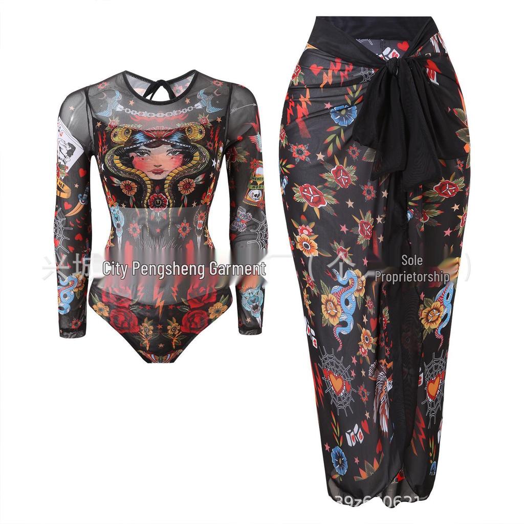 Women's Long Sleeve Mesh Sun Protection One-Piece Swimsuit with Skirt