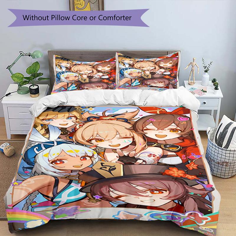 Set copripiumino 3 pezzi (1*Copripiumino + 2*Federe, Senza Nucleo), Set Biancheria da Letto con Stampa Genshin Impact, Decorazione per Camera da Letto, Stagione Unica, Regalo di Compleanno