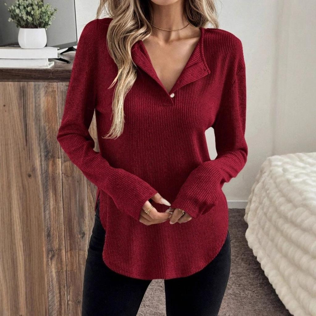 Frühlings- und Herbst-Langarm-T-Shirt, Modisches einfarbiges Damen-Langarm-V-Ausschnitt-Shirt